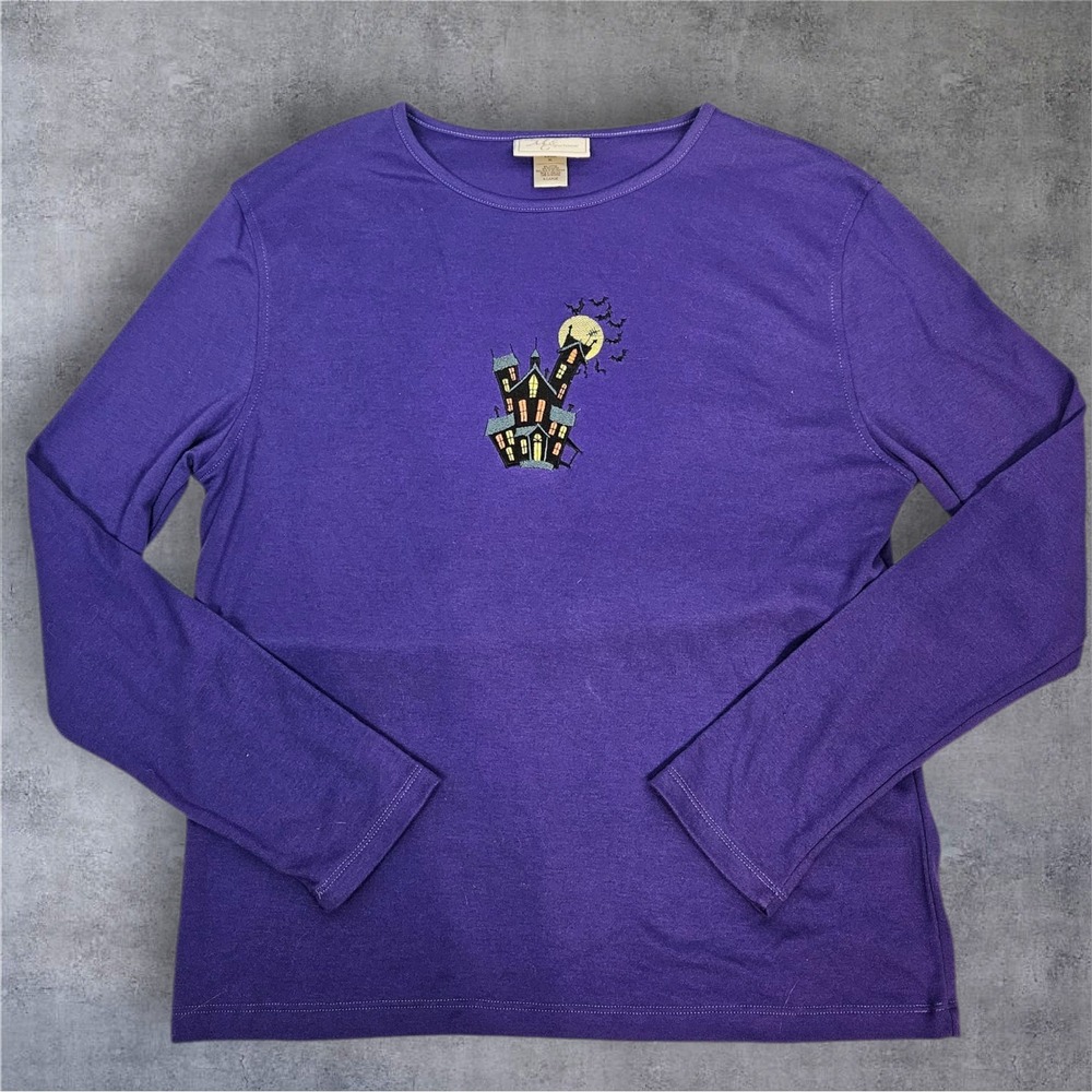 MC Sportswear Women's Purple Halloween Haunted House Long Sleeve Tee‎ Top XL V37